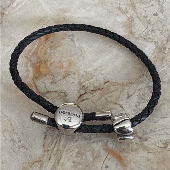 Persona Adjustable Braided Leather & Sterling Silver Bracelet & Heart Charm - Picture 2 of 7